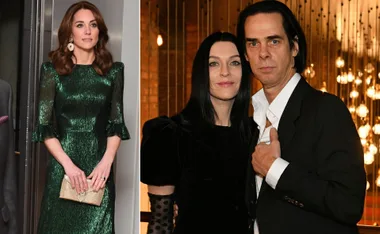Kate Middleton in a green dress, and a couple posing at an event with hanging lights.