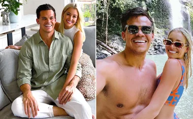 Couple smiling in two photos: seated indoors on a couch, and outdoors by a waterfall wearing swimsuits and sunglasses.