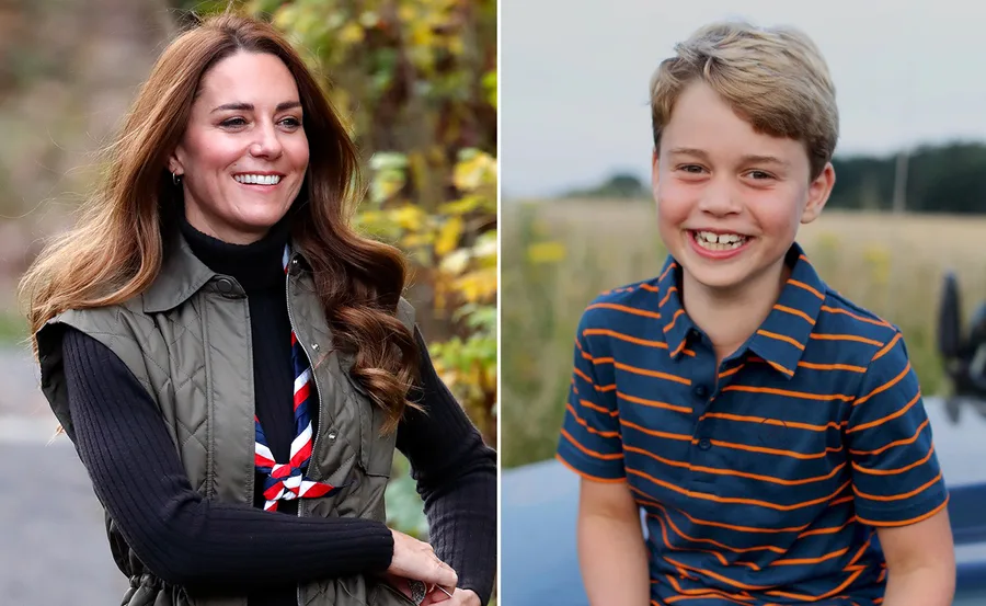 Kate Middleton smiles outdoors; Prince George in a striped shirt, smiling in a field.