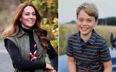 Kate Middleton smiles outdoors; Prince George in a striped shirt, smiling in a field.