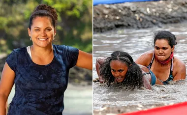 Two images: one woman smiling outdoors; two women crawling in mud during a challenge.