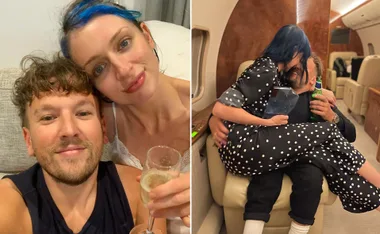 Couple with blue streaked hair smiles holding champagne; plane seat embrace with polka dot dress and beer bottle.