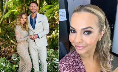 Couple in formal attire outdoors; woman taking selfie indoors with makeup done.