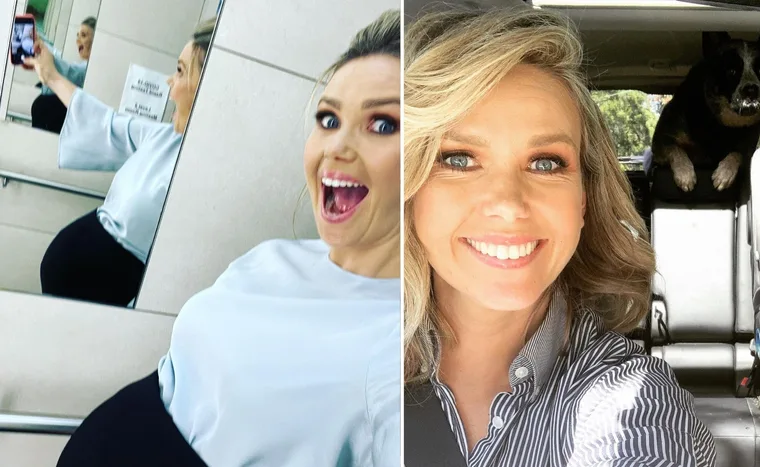 A woman in a maternity outfit takes a mirror selfie, smiling, beside another selfie with a dog in a car.