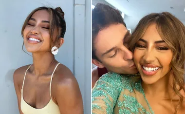 Woman smiling in a yellow top and earrings; second image shows her being kissed on the cheek, smiling brightly.