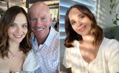 Couple smiles in a restaurant; woman takes a selfie at home by blinds, white shirt.