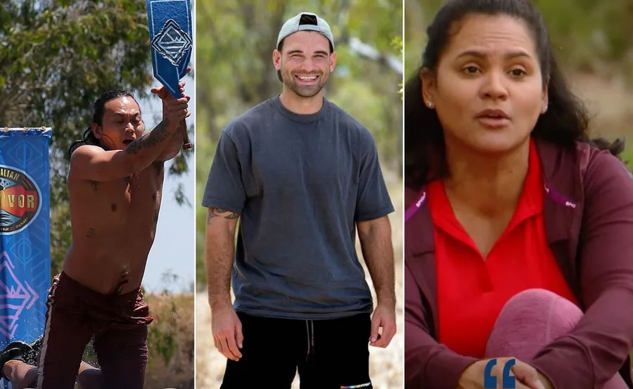 "Three contestants from Australian Survivor: Blood V Water. One with blue challenge item, one smiling, one in a red outfit."