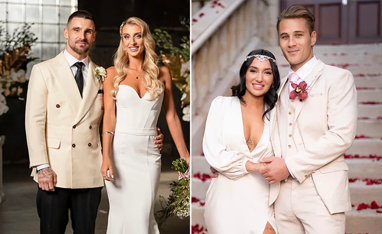 Couples from "Married at First Sight 2022" in wedding attire, posing side by side in formal settings.