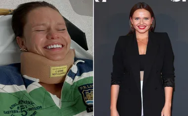 "Two images: left, woman smiling with neck brace; right, same woman smiling at an event in a black outfit."