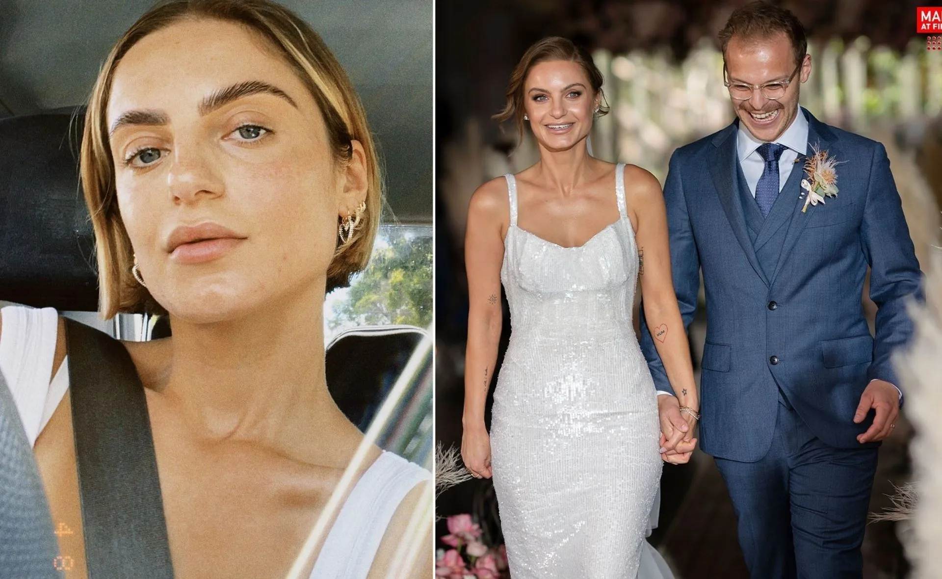 Two images: a woman in a car, and a bride and groom holding hands at their wedding.