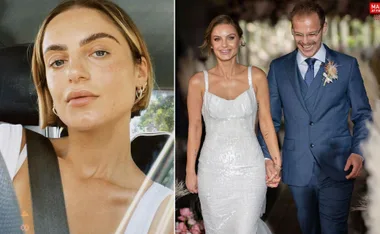Two images: a woman in a car, and a bride and groom holding hands at their wedding.
