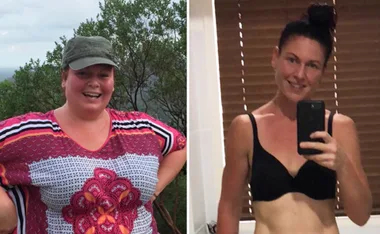 Side-by-side comparison of an Australian mum before and after weight loss, smiling in both photos.