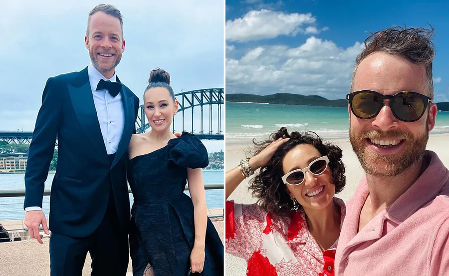 Man in suit with woman by Sydney Harbor, and couple on sunny beach with sunglasses.