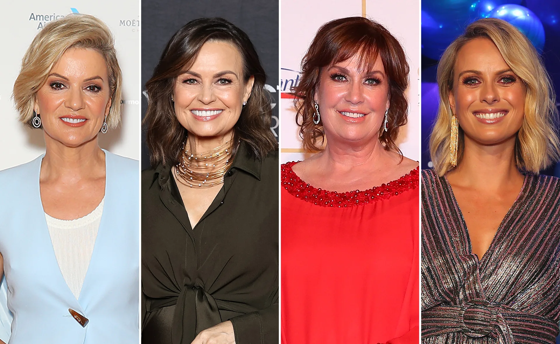 "Four women smiling at an event, dressed in various elegant outfits."