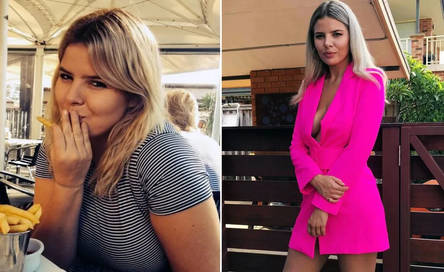 Side-by-side comparison of woman in striped shirt eating fries and in a pink dress, showcasing weight loss transformation.