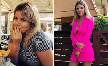 Side-by-side comparison of woman in striped shirt eating fries and in a pink dress, showcasing weight loss transformation.