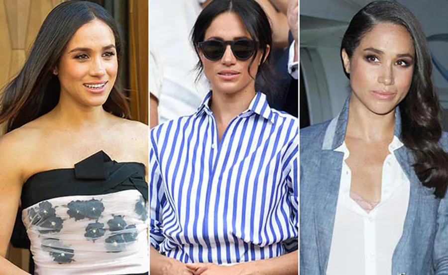 Three images of a woman in different casual outfits: a strapless dress, striped shirt, and white blouse with blazer.