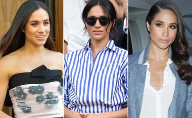 Three images of a woman in different casual outfits: a strapless dress, striped shirt, and white blouse with blazer.