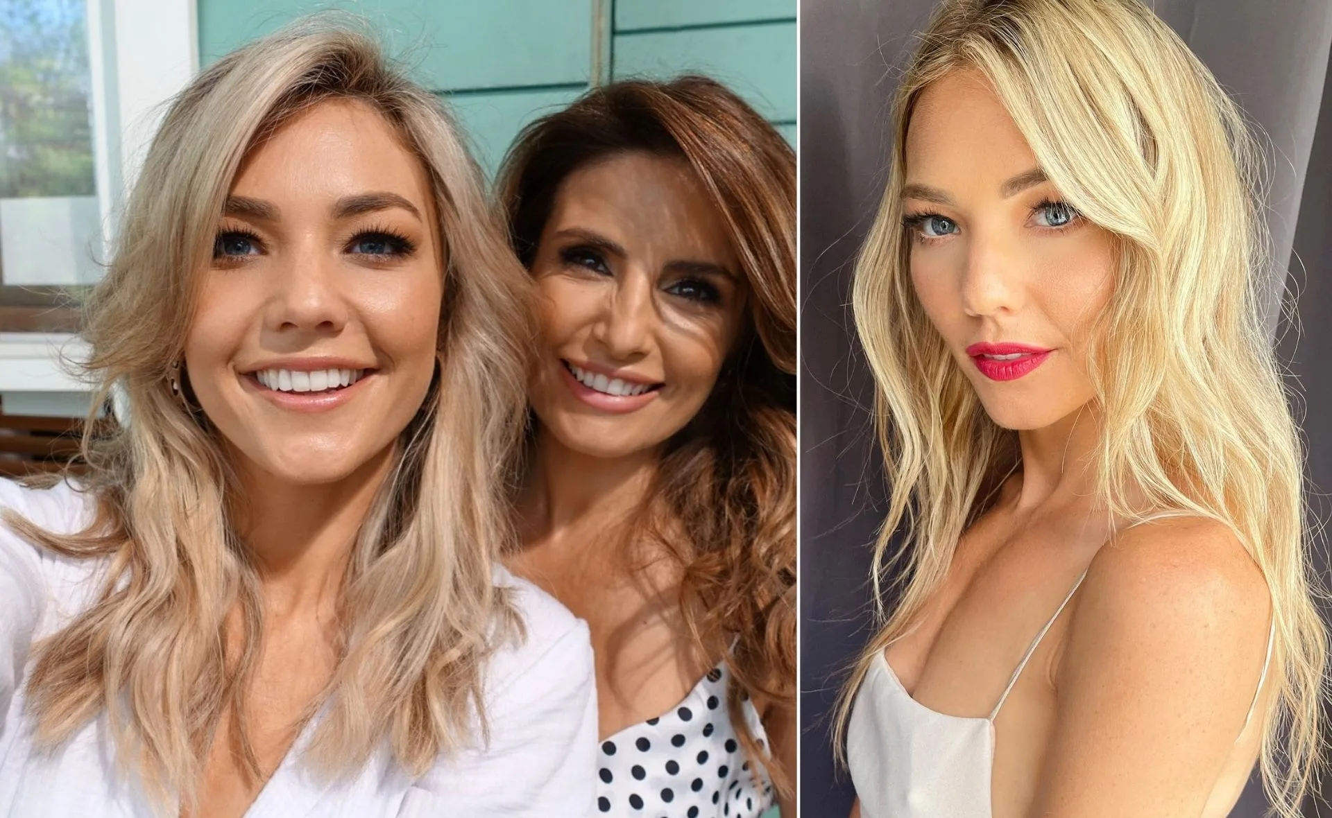 Two photos: Left shows two women smiling, outdoors; right features a woman with blonde hair and red lipstick, indoors.