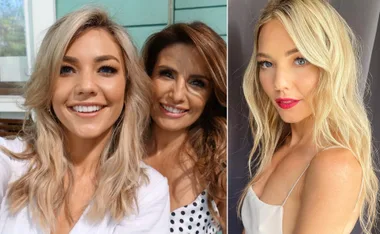 Two photos: Left shows two women smiling, outdoors; right features a woman with blonde hair and red lipstick, indoors.