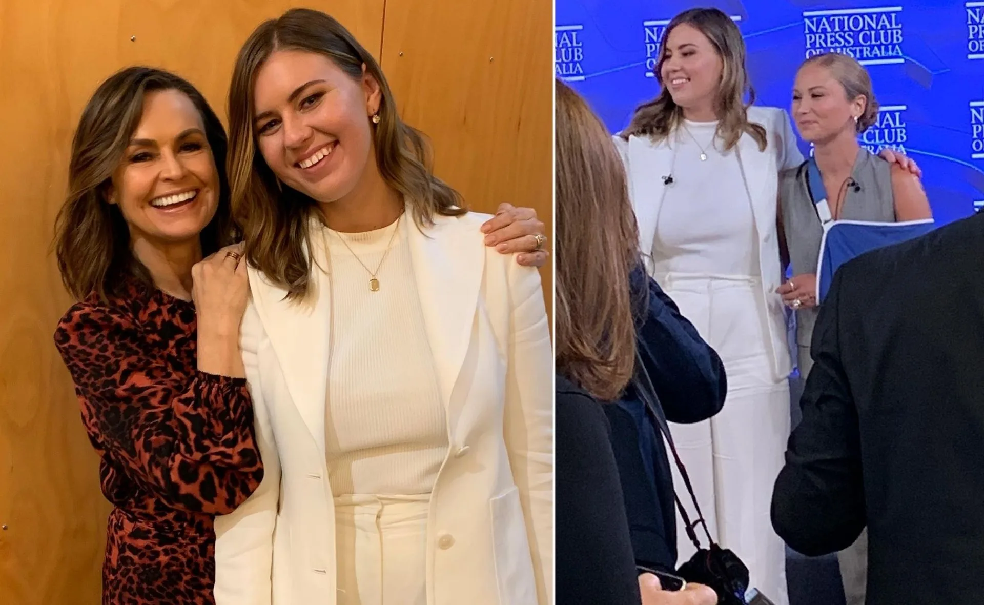 Two women smiling for a photo at the National Press Club, one in a patterned dress, another in a white outfit.