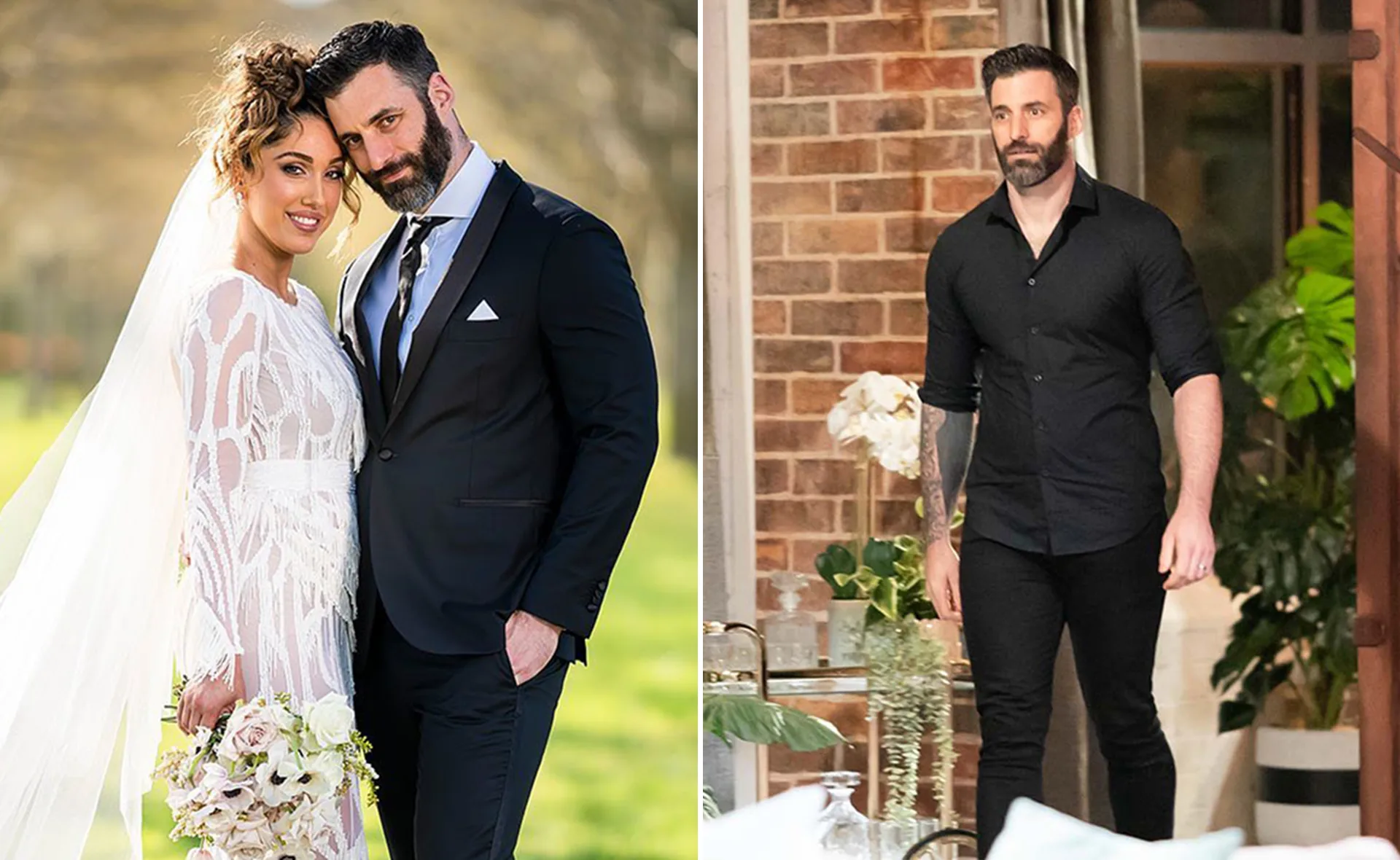 Man in black shirt and tattooed arm, and couple on wedding day, bride in white dress and veil, man in suit.