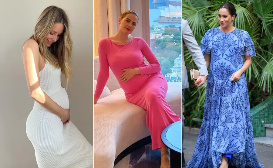 Three women in different maternity dresses: white, pink, and blue with floral patterns.