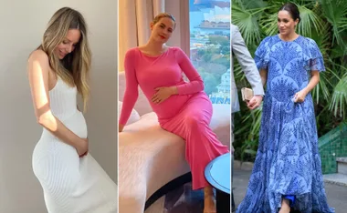 Three women in different maternity dresses: white, pink, and blue with floral patterns.