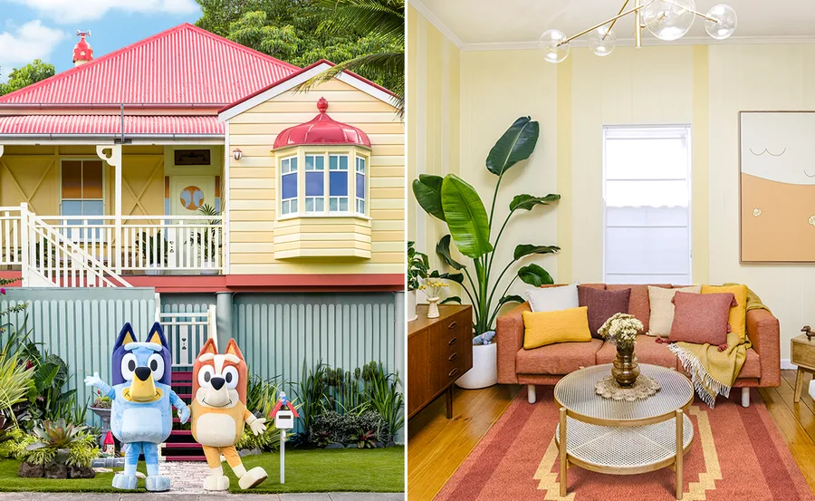 Yellow house with red roof from "Bluey," Bluey and Bingo costumes outside, cozy living room inside.