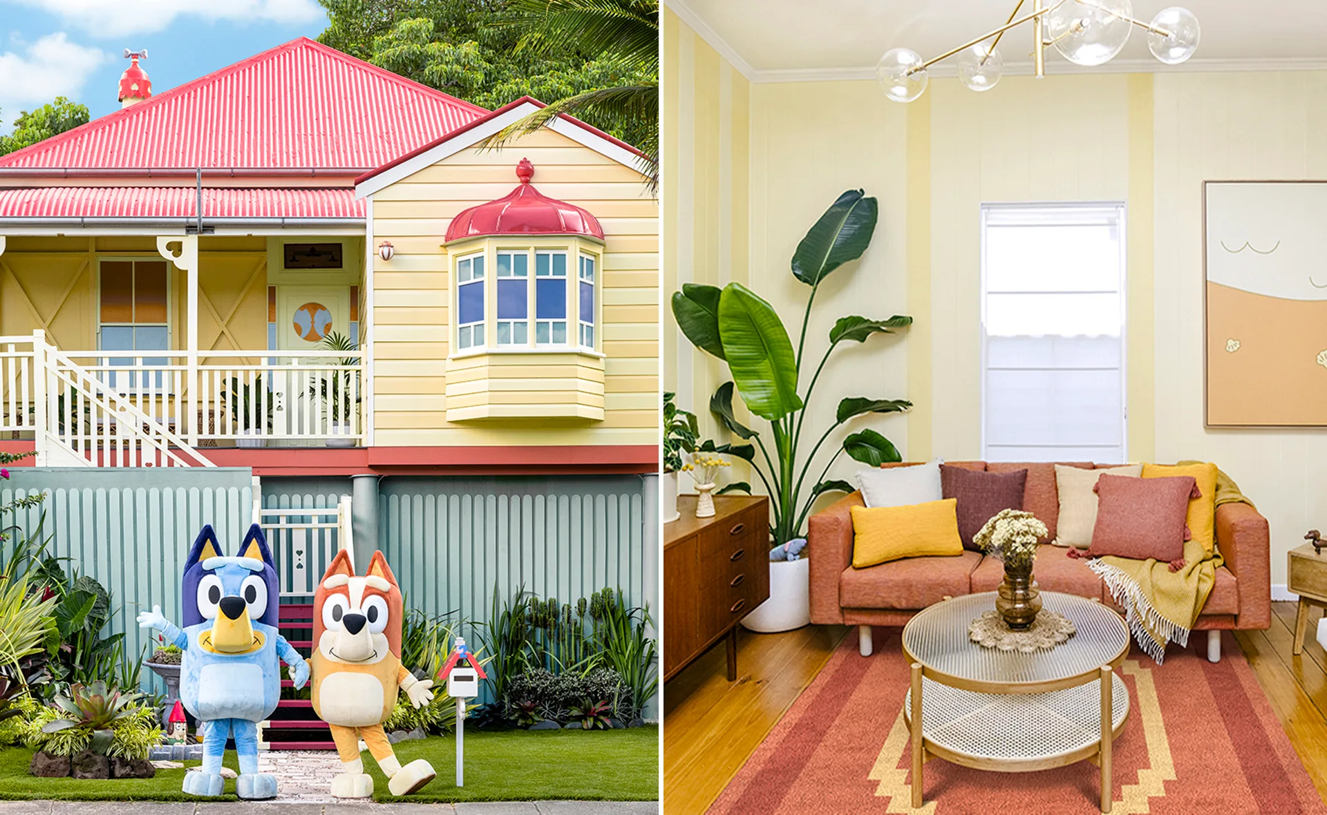 Yellow house with red roof from "Bluey," Bluey and Bingo costumes outside, cozy living room inside.