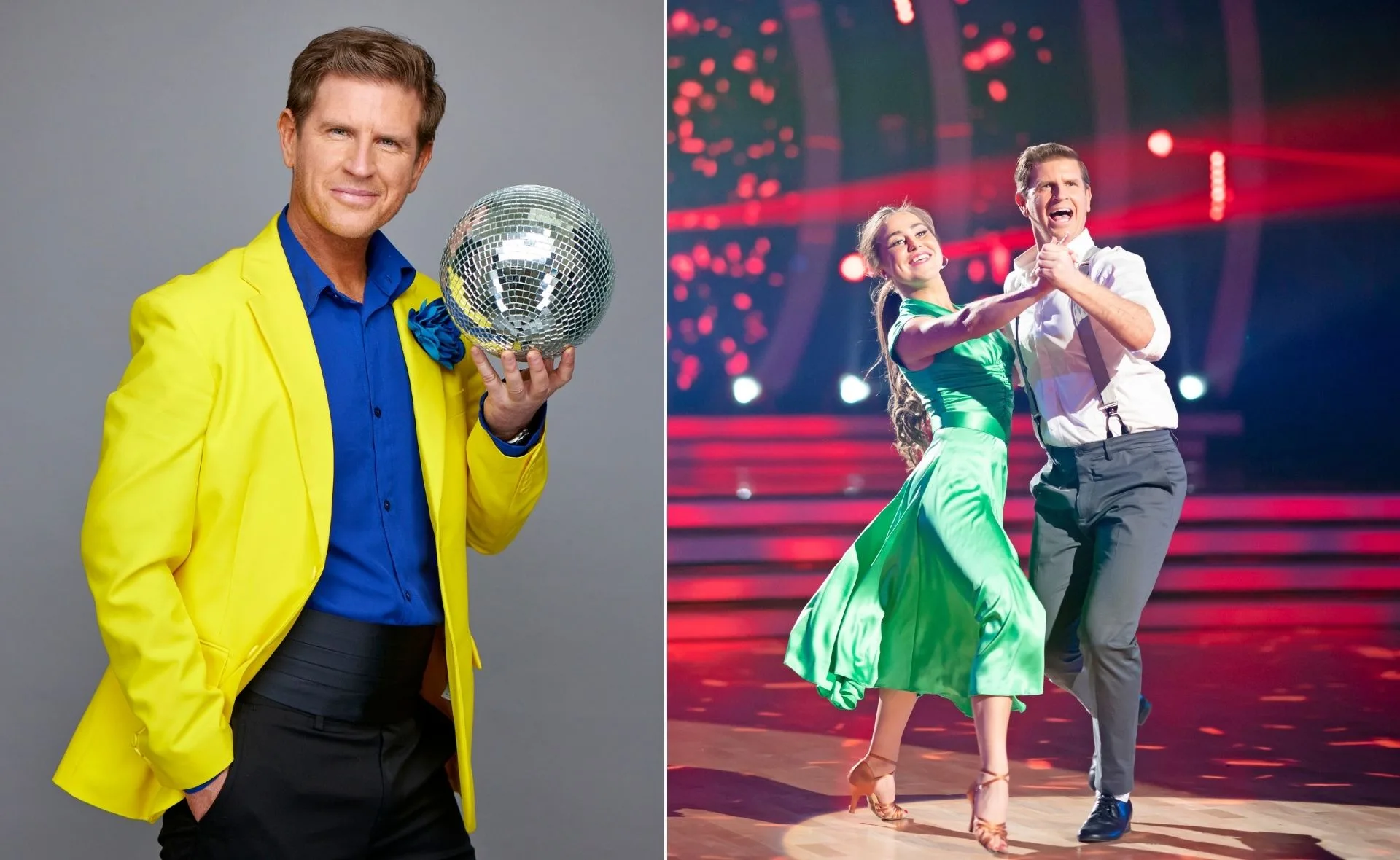 Man in bright yellow jacket holds disco ball; dancing scene with partner in green dress under stage lights.