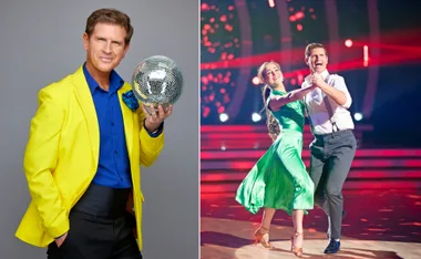 Man in bright yellow jacket holds disco ball; dancing scene with partner in green dress under stage lights.