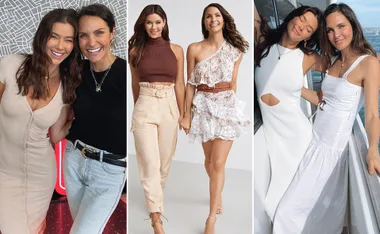 Two women posing together in three different outfits, smiling and enjoying their friendship.