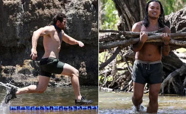 Two contestants from Survivor: Blood vs. Water performing challenges on a rocky outdoor setting.