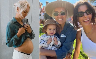 Pregnant woman takes a mirror selfie; another photo shows her smiling with a child and a friend outdoors.