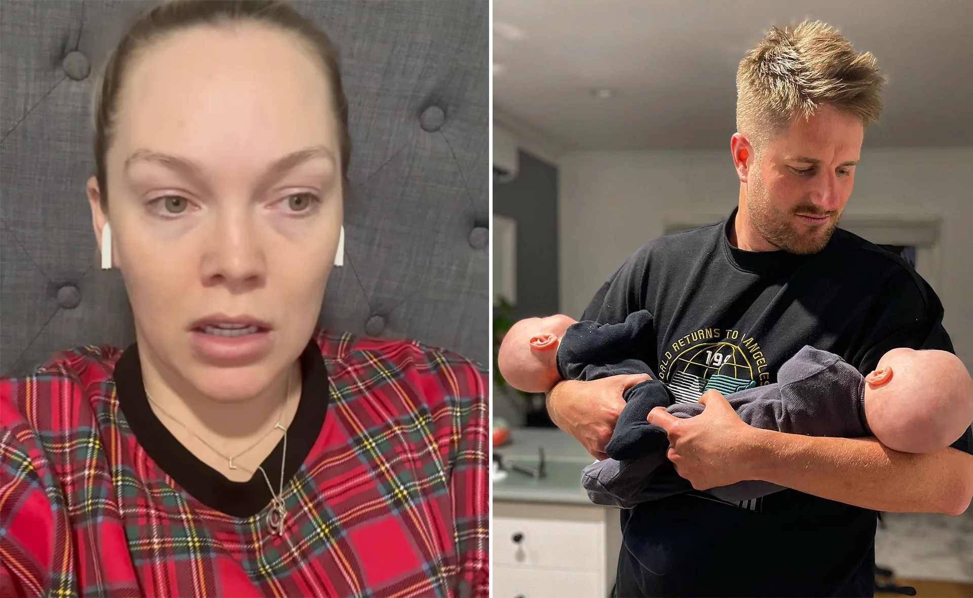 Woman in plaid shirt with AirPods, and man holding a swaddled baby in a casual setting.