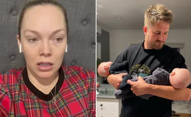 Woman in plaid shirt with AirPods, and man holding a swaddled baby in a casual setting.