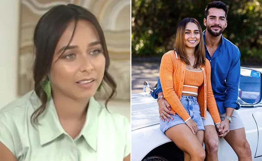 Woman in green shirt, side view talking. Couple sitting on a car, woman wearing orange and denim, man in blue shirt.