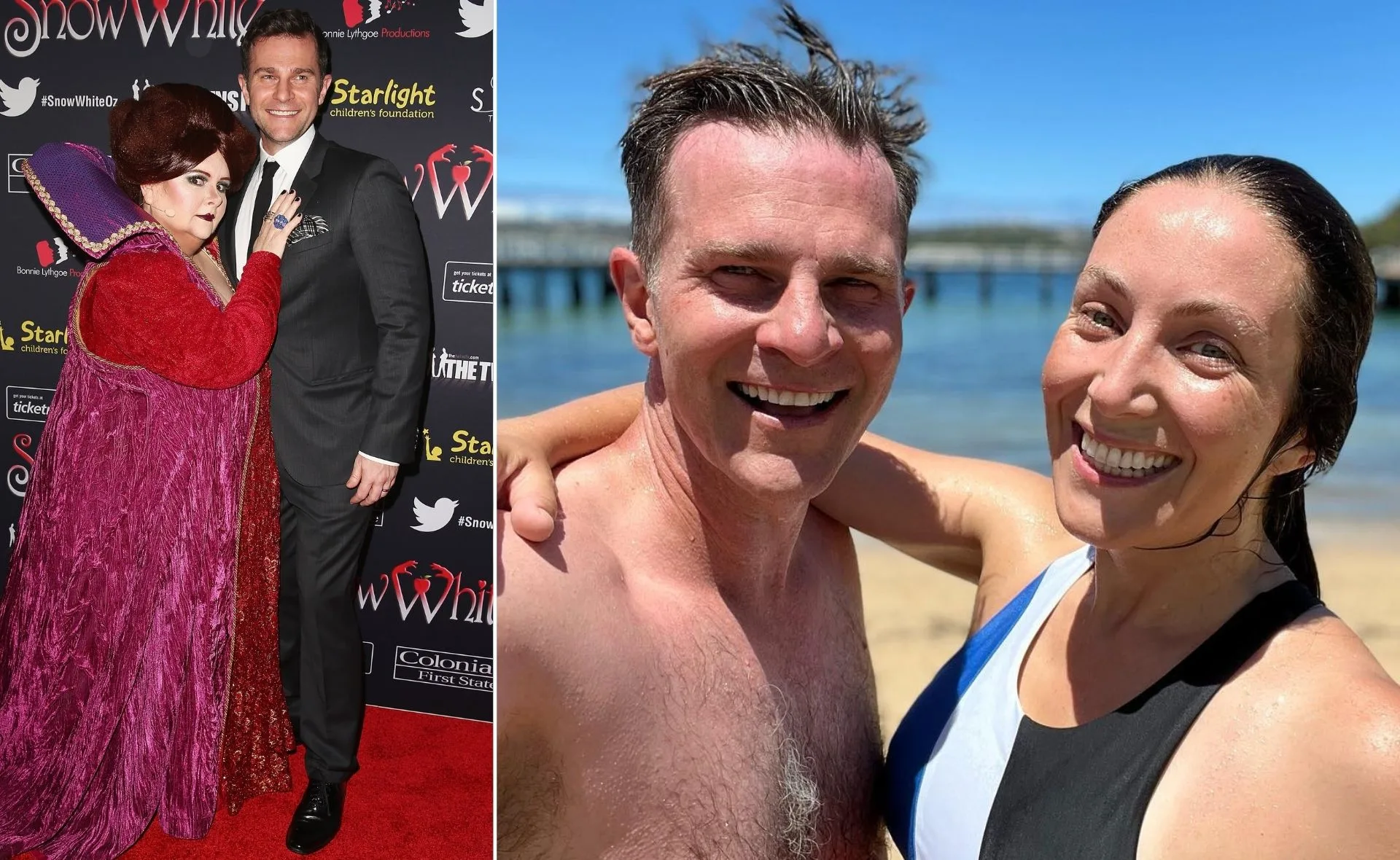 Magda Szubanski in costume with a man on red carpet; two people smiling on a beach.