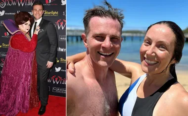 Magda Szubanski in costume with a man on red carpet; two people smiling on a beach.