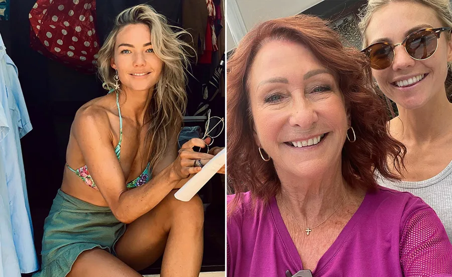 Sam Frost in a bikini, sitting and smiling; Lynne McGranger takes a selfie with another woman wearing sunglasses.