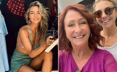 Sam Frost in a bikini, sitting and smiling; Lynne McGranger takes a selfie with another woman wearing sunglasses.