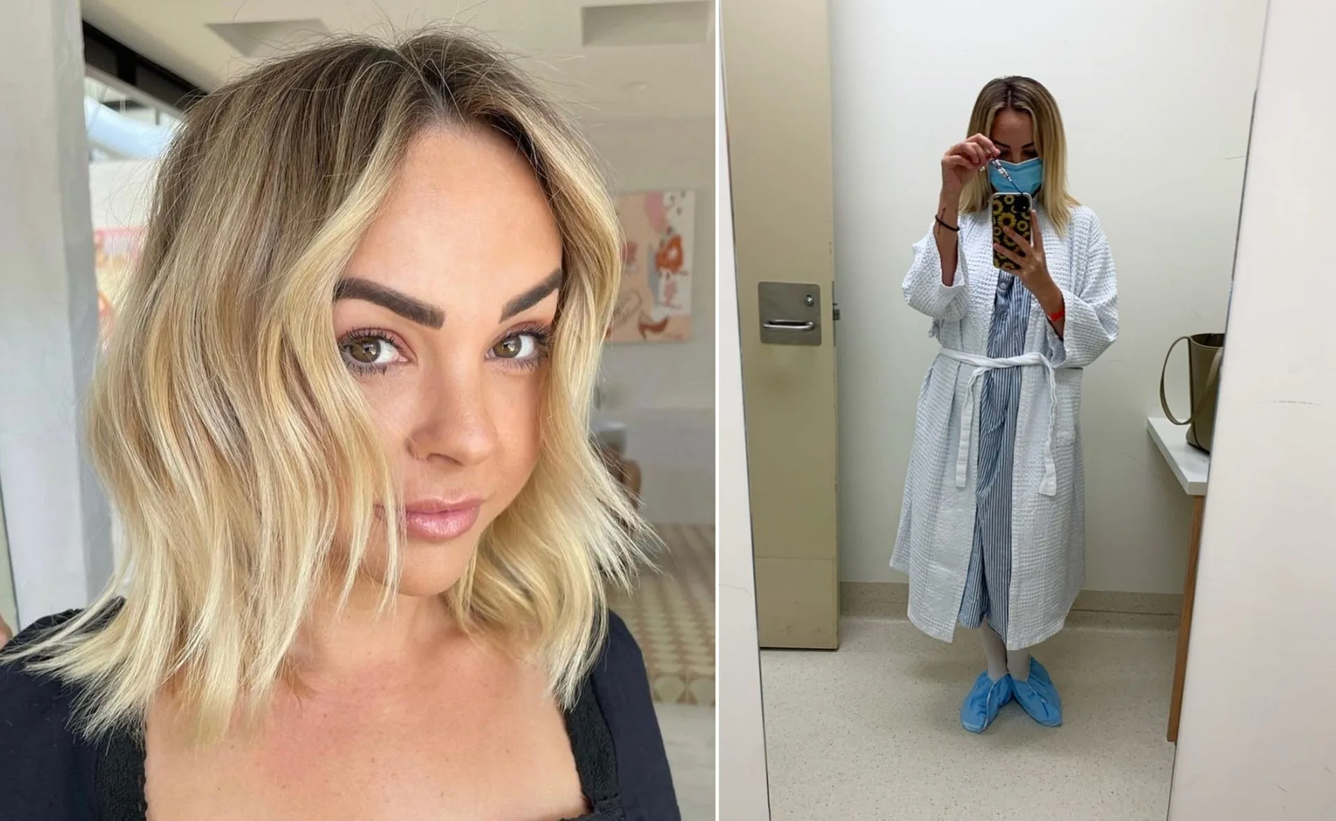 Person with blonde hair in close-up; same person in hospital attire taking a selfie.