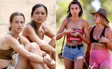 "Four women in outdoor attire, two seated and two standing, appear focused and engaged, with greenery in the background."