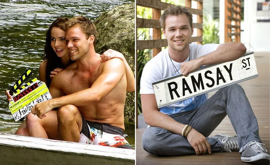 "Two images: left shows a couple with a clapperboard by water, right shows a person holding a Ramsay St sign."