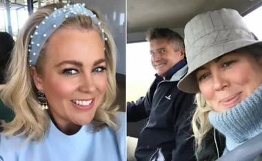 Two images: one shows a smiling woman with a blue headband; the other, her and a man smiling inside a car.