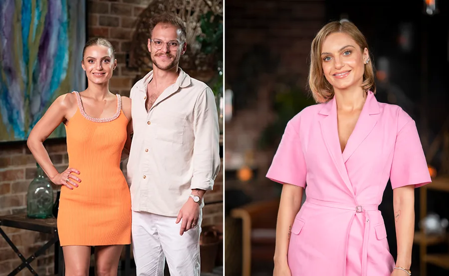 Two images: Left, a woman in an orange dress with a man in a beige outfit; right, the same woman alone in a pink dress.