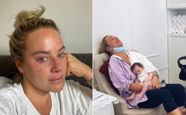 A woman with a pensive expression is seated; in another image, she is resting with a baby on her lap, wearing a mask under her chin.