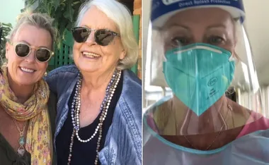 Woman in sunglasses with older woman; another wearing mask and face shield.
