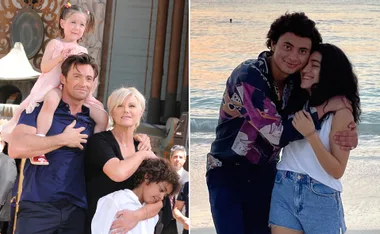 Hugh Jackman and Deborra-Lee Furness with children; another image of young adults embracing by the sea.